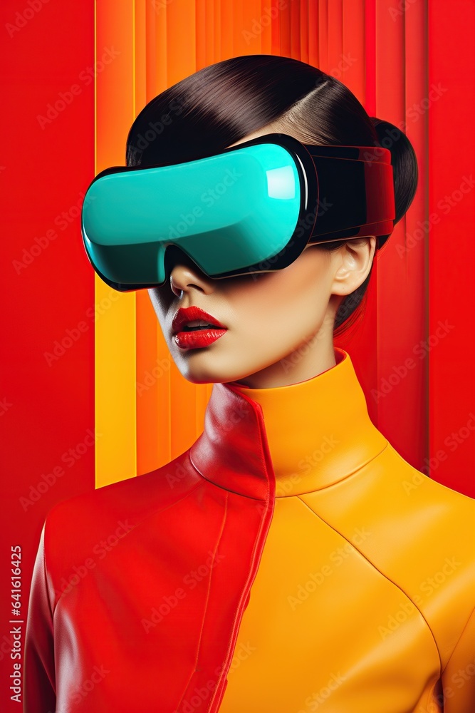 Illustration of a fashion portrait wearing a virtual reality (VR) headset.,., AI Generated. Illustration of a fashion portrait wearing a virtual reality (VR) headset.,., AI Generated.