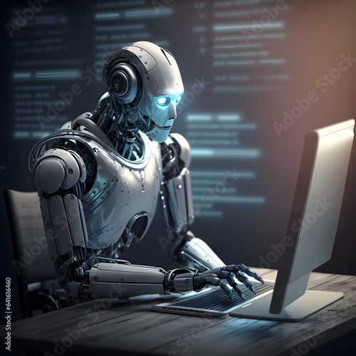 robot cyborg artificial intelligence works on a computer, technological background, databases