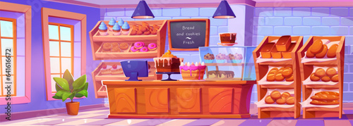 Bakery shop interior with checkout, display cases and shelves with freshly baked bread and baguettes, buns and cakes, donuts and cupcakes. Cartoon vector illustration of warm fresh pastries market.