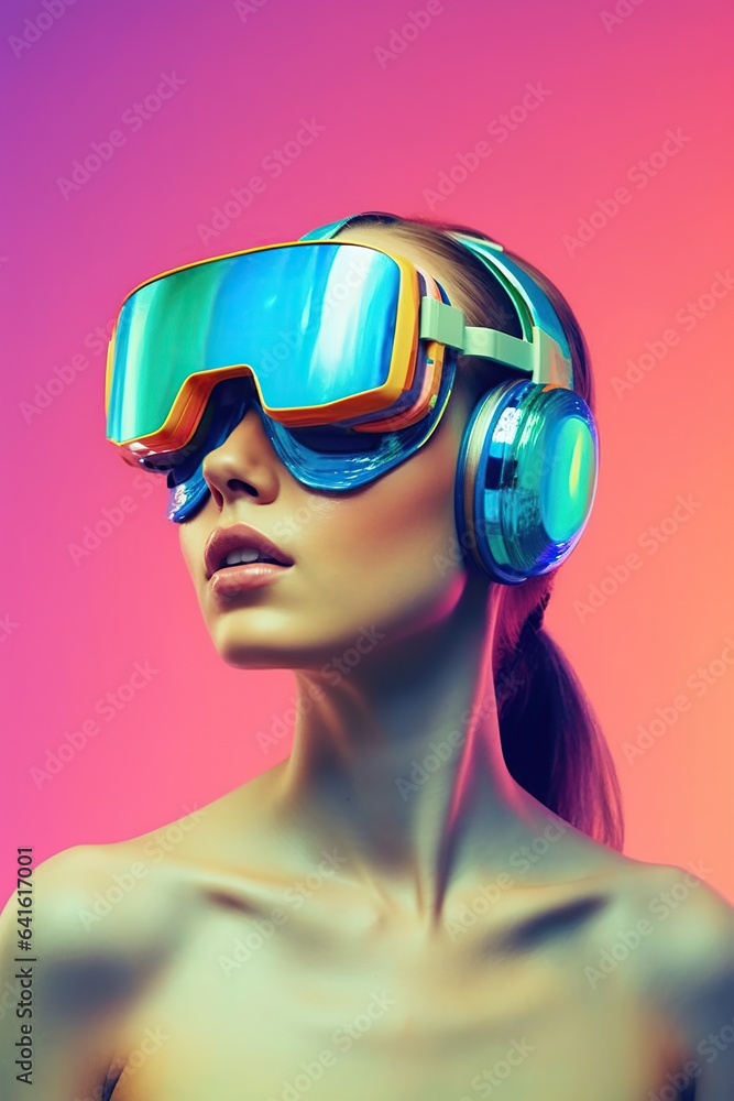 Illustration of a fashion portrait wearing a virtual reality (VR) headset.,., AI Generated. Illustration of a fashion portrait wearing a virtual reality (VR) headset.,., AI Generated.
