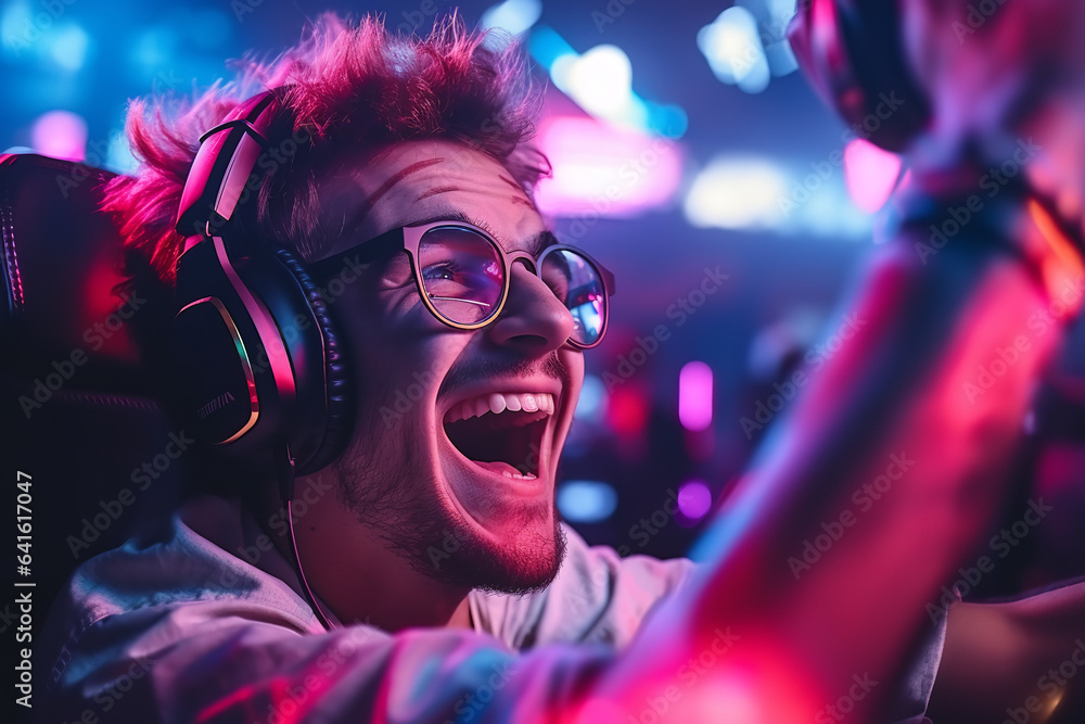 Extreme close-up, A crazy and funny looking e-sport player laughs out loud Extreme close-up, A crazy and funny looking e-sport player laughs out loud