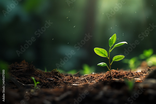a small plant sprouting from the ground in a dark forest  green leaves  early in the morning  branching  brightly-lit  beautiful image  pc wallpaper