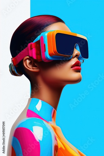 Illustration of a fashion portrait wearing a virtual reality (VR) headset.,., AI Generated.