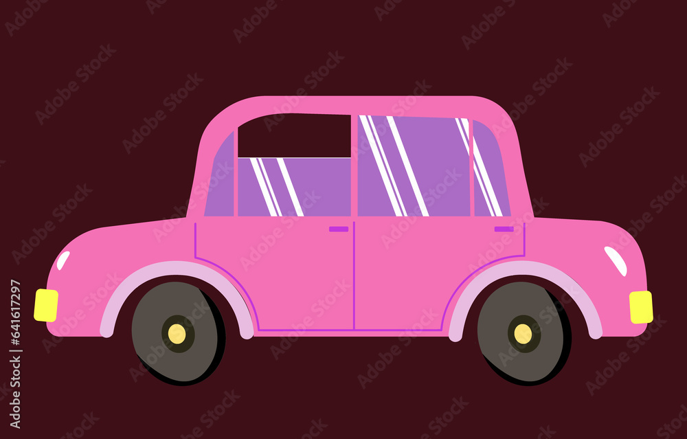 Cartoon retro pink car isolated on dark background. Vector illustration.