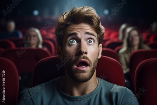 Man with astonished and surprised look watch a movie, front view, everything at focus