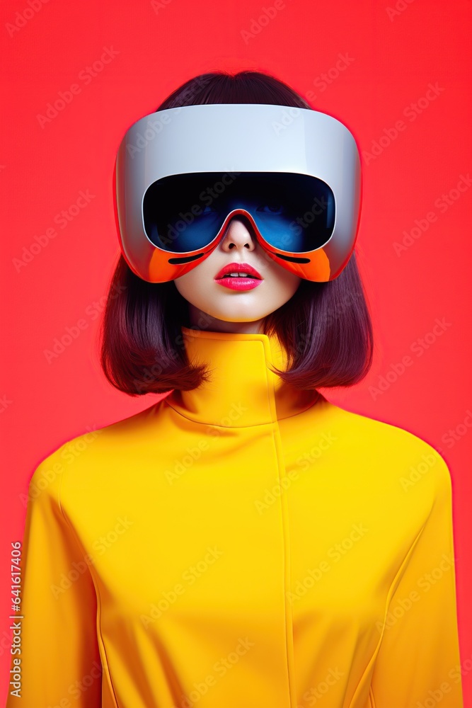 Illustration of a fashion portrait wearing a virtual reality (VR) headset.,., AI Generated. Illustration of a fashion portrait wearing a virtual reality (VR) headset.,., AI Generated.
