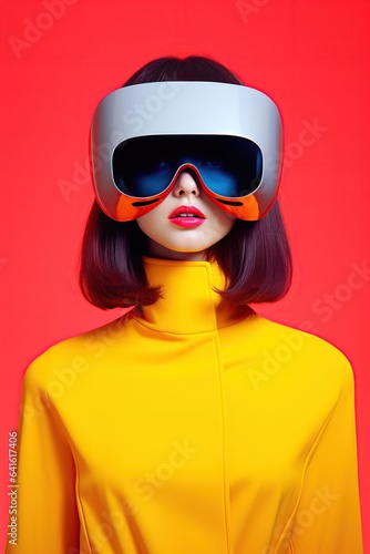Illustration of a fashion portrait wearing a virtual reality (VR) headset.,., AI Generated.