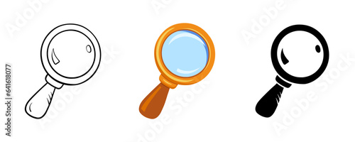 Magnify glass set in cartoon style, hand drawn sketch. Search symbol icon, vector illustration. Isolated elements on a white background for print and design. Lupe tool for detective
