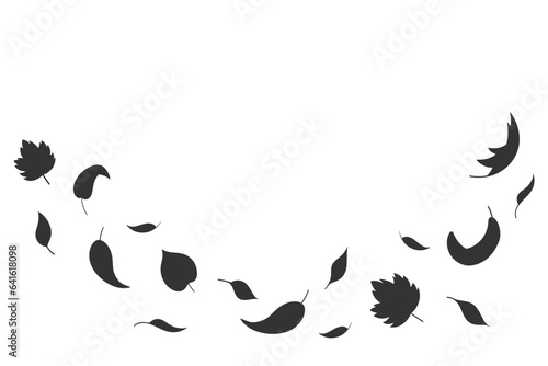 Leaves fall silhouette in simple style, vector illustration. Wave cold air during windy weather. Maple leaf for print and design. Isolated black elements on a white background. Autumn symbol nature