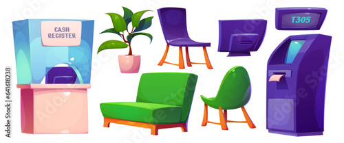 Bank office interior furniture with atm and counter cartoon set. Waiting hall clipart for financial department. Cash register table with monitor. Indoor bench for lounge in insurance business center