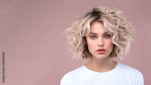 Young woman with short curly blonde hair, has perfect facial skin, cosmetic advertising facial antiage lift products salon care tighten skin