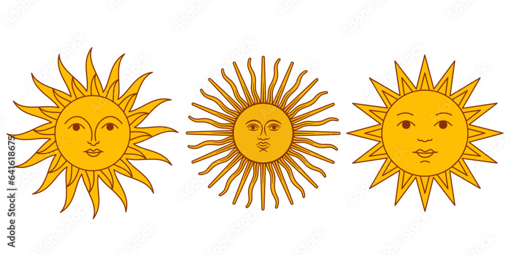 vector drawing of the sun in three versions in a fabulous style on a white background. a sun icon in a flat style with an outline. stock vector illustration. EPS 10. vector drawing of the sun in three versions in a fabulous style on a white background. a sun icon in a flat style with an outline. stock vector illustration. EPS 10.
