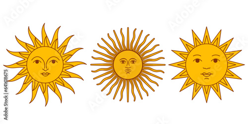 vector drawing of the sun in three versions in a fabulous style on a white background. a sun icon in a flat style with an outline. stock vector illustration. EPS 10.