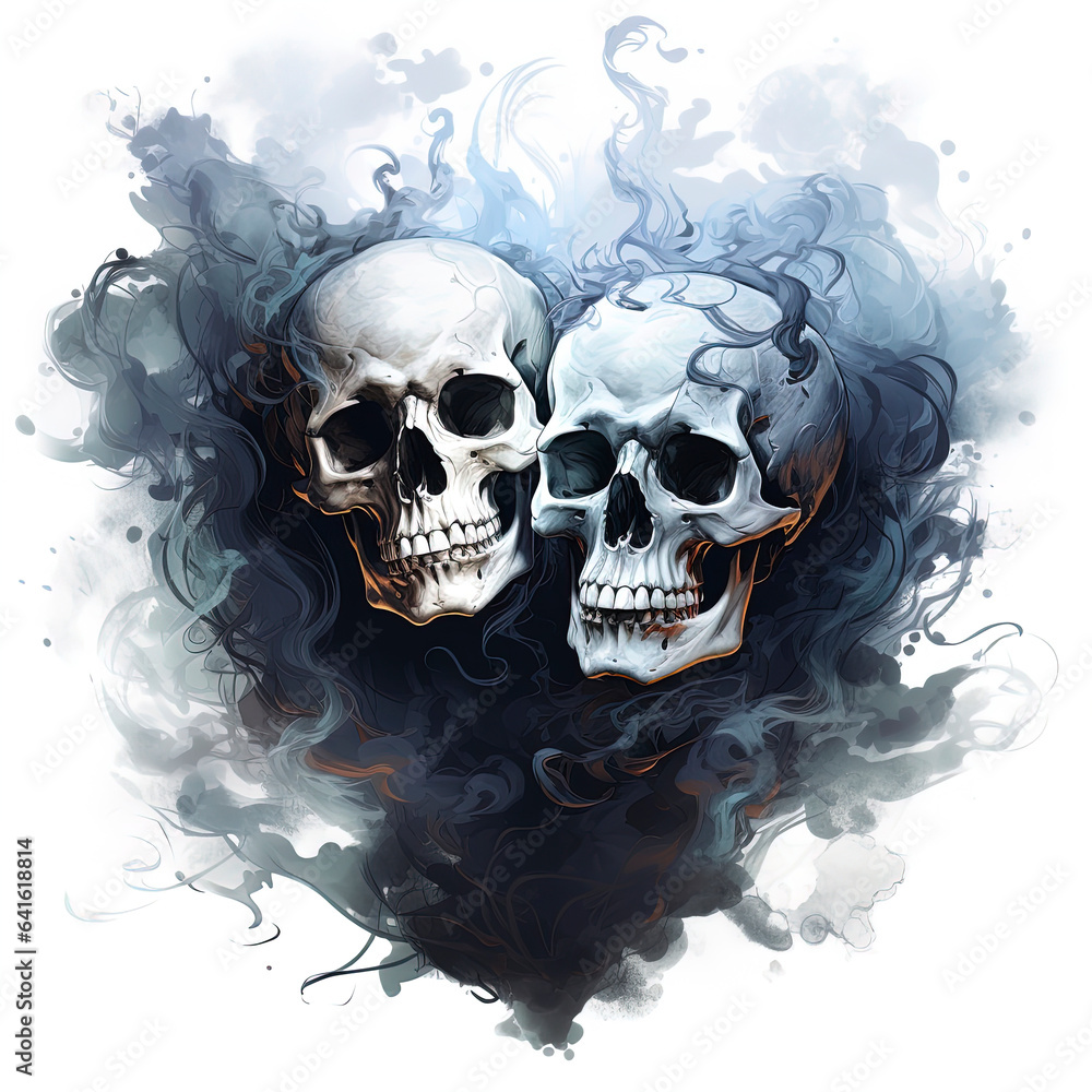 Skull in smoke. Love until death. Two skulls in smoke on white background. Day of The Dead. Tattoo design skull. Halloween card, generative ai Skull in smoke. Love until death. Two skulls in smoke on white background. Day of The Dead. Tattoo design skull. Halloween card, generative ai
