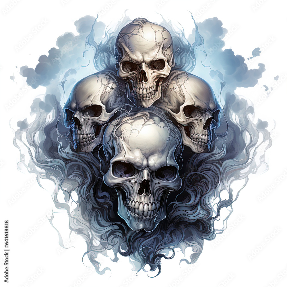 Skull in smoke. Four skulls in smoke on white background. Day of The Dead. Tattoo design skull. Halloween card, generative ai