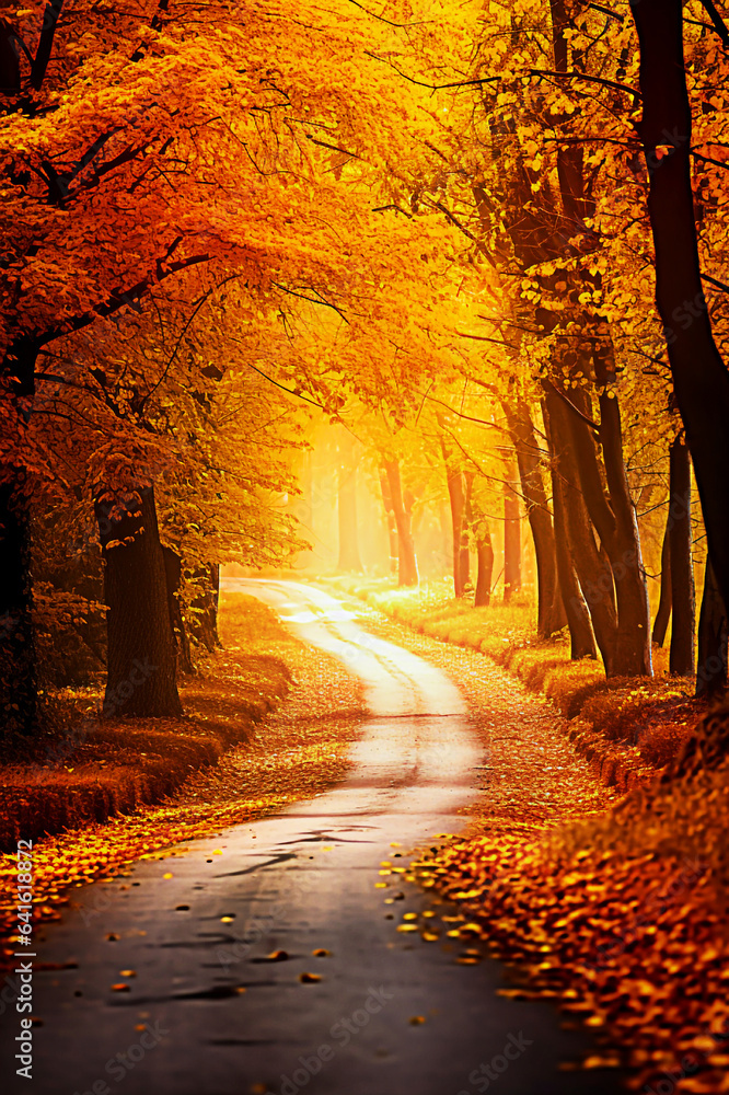 Autumn road in the forest at sunset. Beautiful autumn landscape. selective focus. 