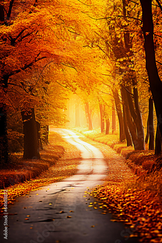 Autumn road in the forest at sunset. Beautiful autumn landscape. selective focus. 