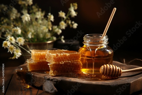 Fresh honey goods displayed on a rustic wooden table a sensory rustic charm