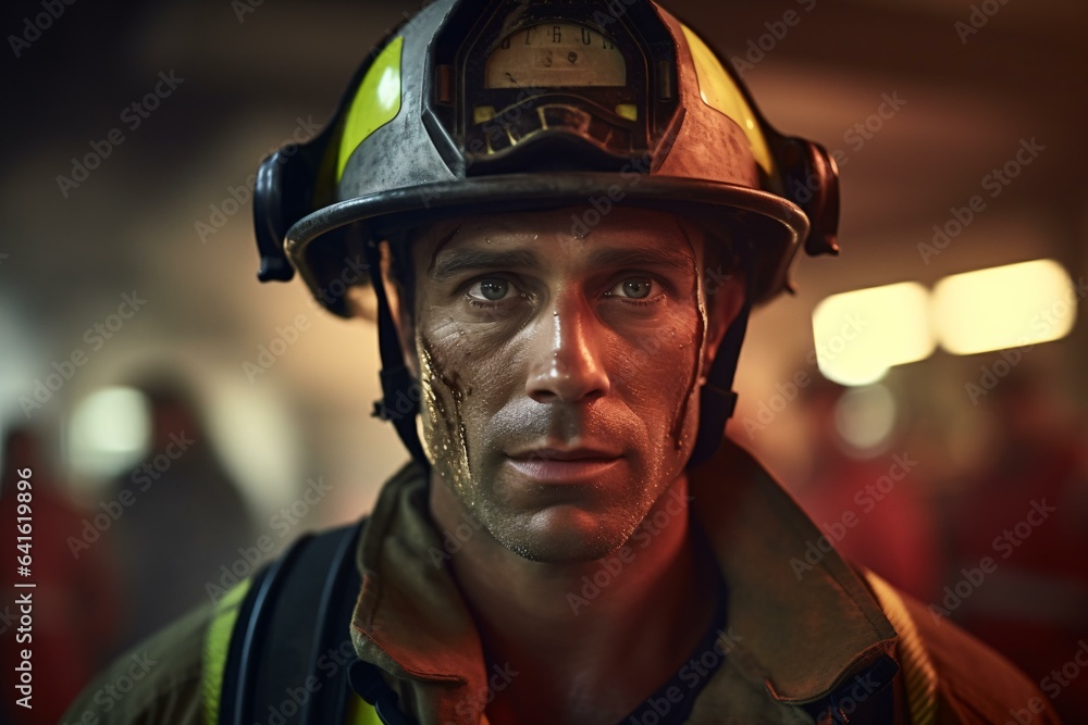 A man wearing a fireman's helmet making eye contact with the camera A man wearing a fireman's helmet making eye contact with the camera