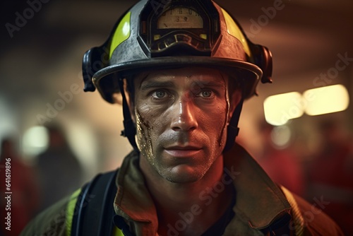 A man wearing a fireman's helmet making eye contact with the camera © KWY