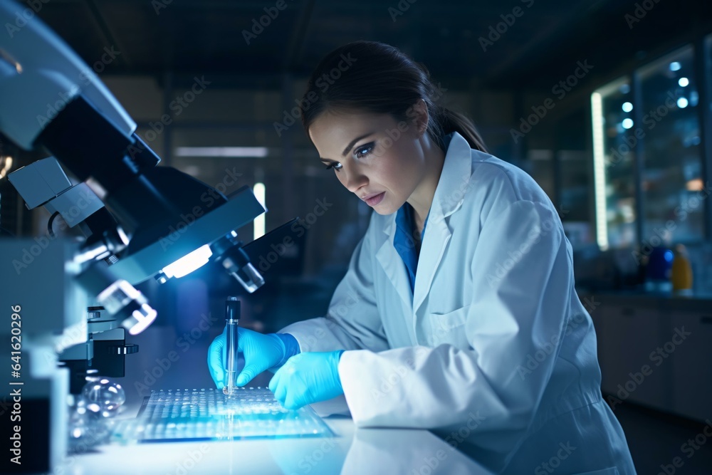 A female scientist examining a specimen under a microscope A female scientist examining a specimen under a microscope