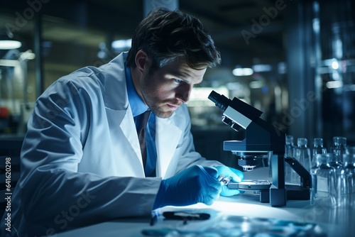 A scientist examining a specimen under a microscope in a laboratory photo