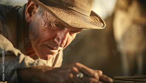 A man in a hat examining an object on a table
