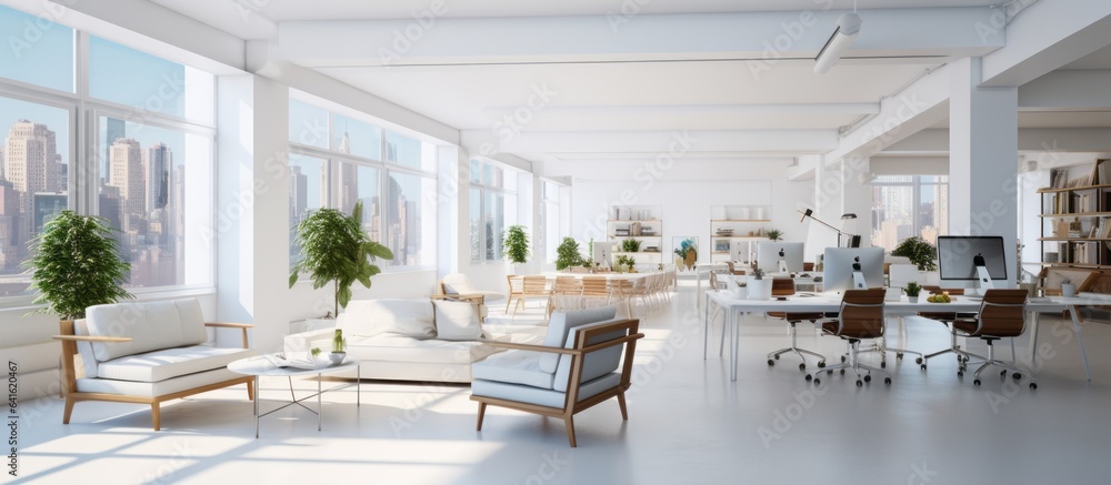 modern white interior workspace open plan clean clear cosy space for working office desigh ideas concept,ai generate - obrazy, fototapety, plakaty 