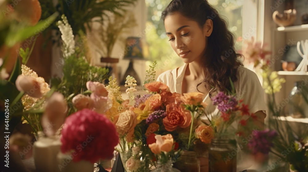 A woman arranging flowers in a vase on a table