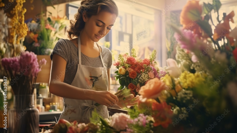 A woman arranging flowers in a vibrant flower shop