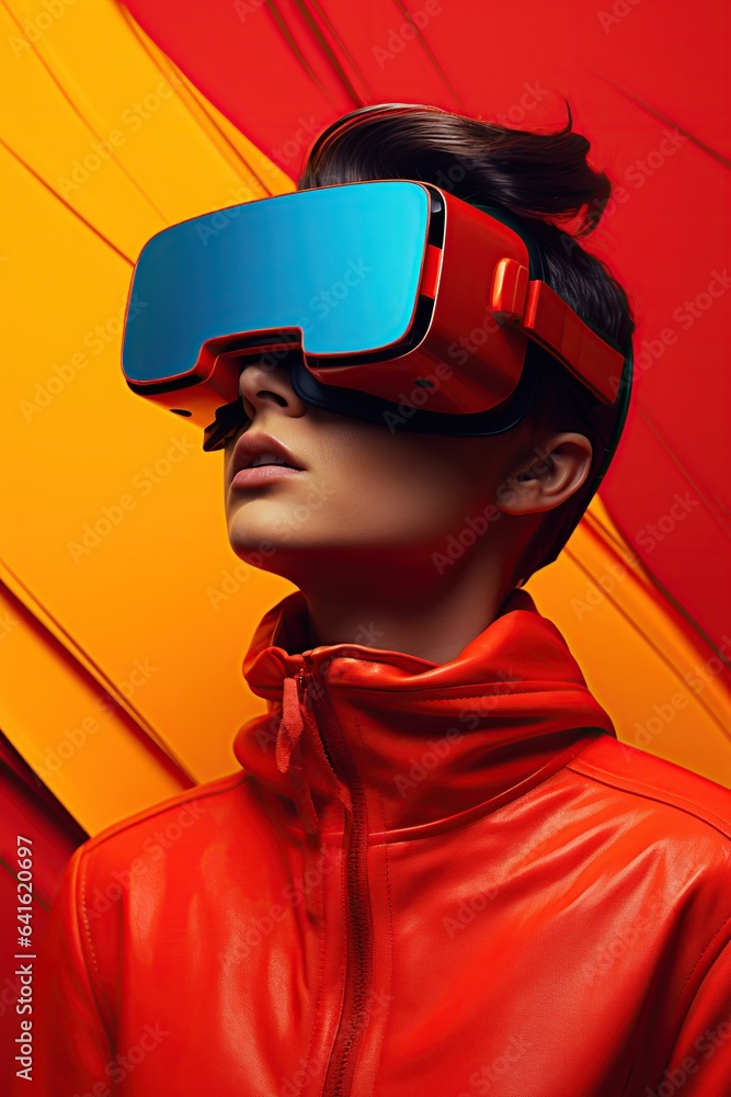 Illustration of a fashion portrait wearing a virtual reality (VR) headset.,., AI Generated. Illustration of a fashion portrait wearing a virtual reality (VR) headset.,., AI Generated.