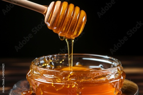 Vertical closeup honey flows from wooden stick to jar, highlighting natural purity