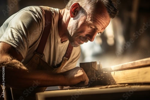 A man carving wood with a chisel in a workshop