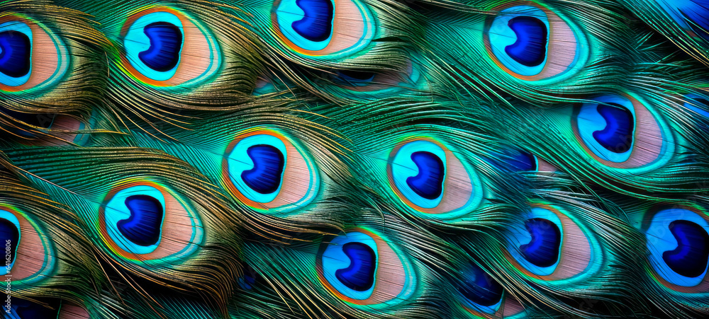 Obraz premium Animal bird background. Close-up of peacock feather like a pattern. Banner