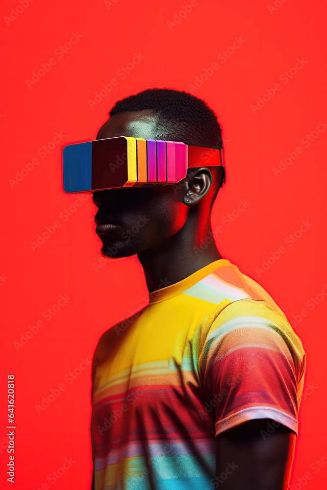 Illustration of a fashion portrait wearing a virtual reality (VR) headset.,., AI Generated. Illustration of a fashion portrait wearing a virtual reality (VR) headset.,., AI Generated.