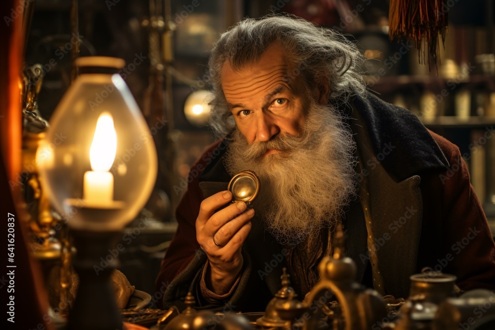 A wise old man examining the details with a magnifying glass