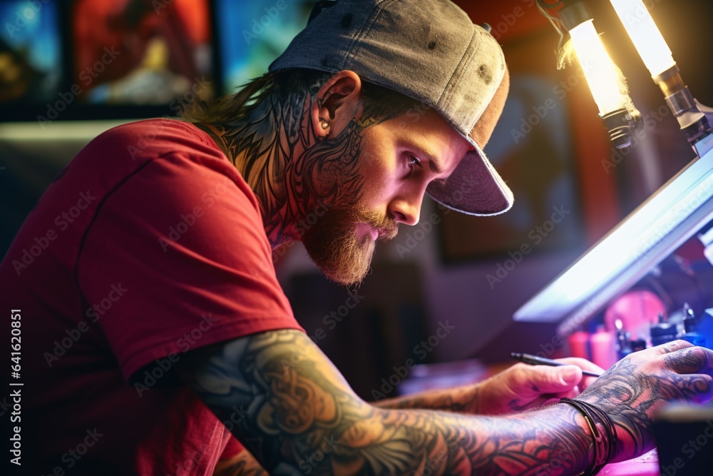A man working on a projector with a tattooed arm
