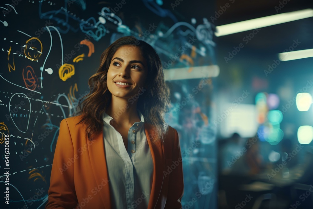 A woman standing in front of a chalkboard A woman standing in front of a chalkboard