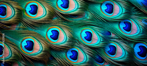 Animal bird background. Close-up of peacock feather like a pattern. Banner