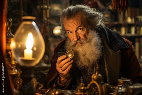 A wise old man examining the details with a magnifying glass