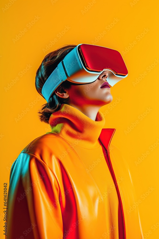 Illustration of a fashion portrait wearing a virtual reality (VR) headset.,., AI Generated.