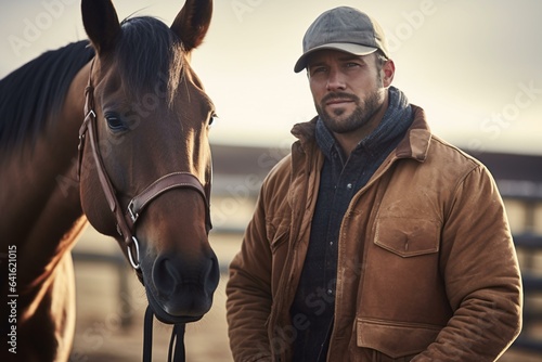 A man standing next to a brown horse in a field
