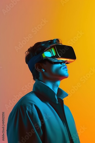 Illustration of a fashion portrait wearing a virtual reality (VR) headset.,., AI Generated. © kanate