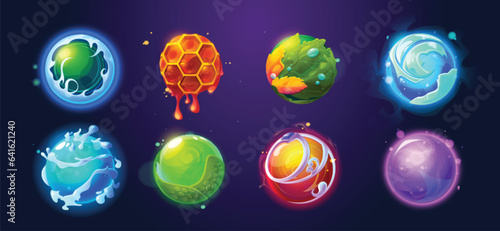 Magic ball for fortune telling or witchcraft. Cartoon vector illustration set of fantasy glowing glass sphere with mystical energy and power of prediction. Bright neon magician occult orb crystal.