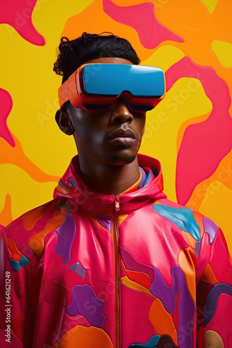 Illustration of a fashion portrait wearing a virtual reality  VR  headset. .  AI Generated.