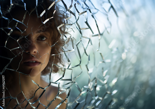 Woman looking into broken fractured glass or mirror  concept of mental illness  being fractured and broken. Could be a diagnose or a feeling. Shallow field of view.