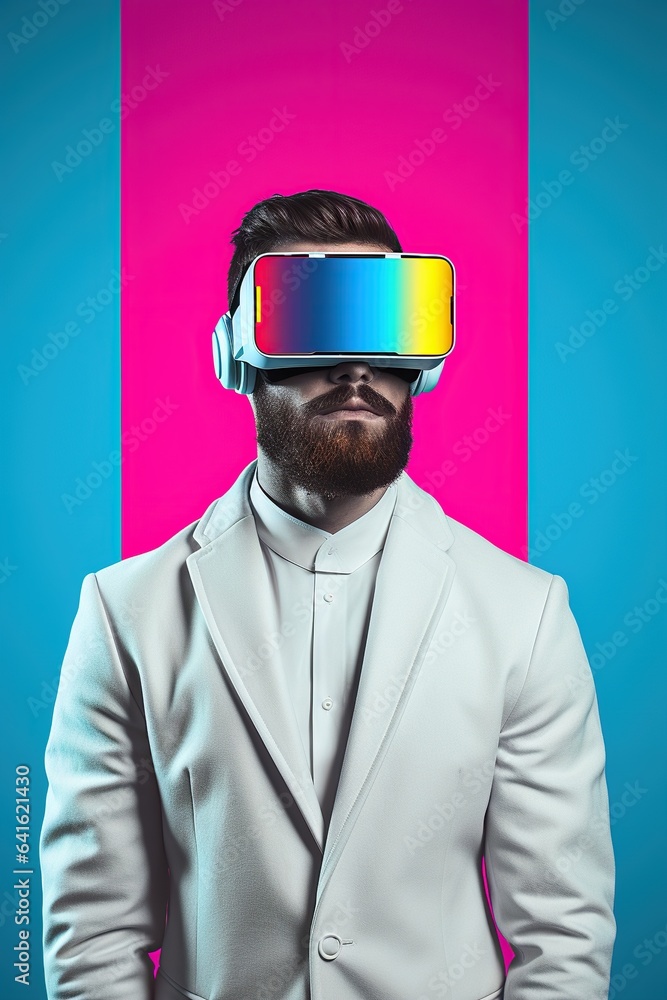 Illustration of a fashion portrait wearing a virtual reality (VR) headset.,., AI Generated. Illustration of a fashion portrait wearing a virtual reality (VR) headset.,., AI Generated.