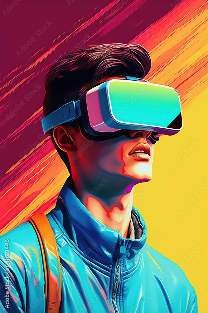 Illustration of a fashion portrait wearing a virtual reality (VR) headset.,., AI Generated. Illustration of a fashion portrait wearing a virtual reality (VR) headset.,., AI Generated.