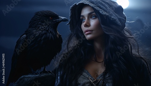 A woman with a hoodie and a crow on her shoulder photo