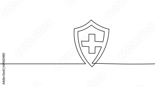 Medicine cross on shield single continuous line art. Health care World Day medical science research doctor online app concept design. Safety vaccine one sketch drawing white vector illustration